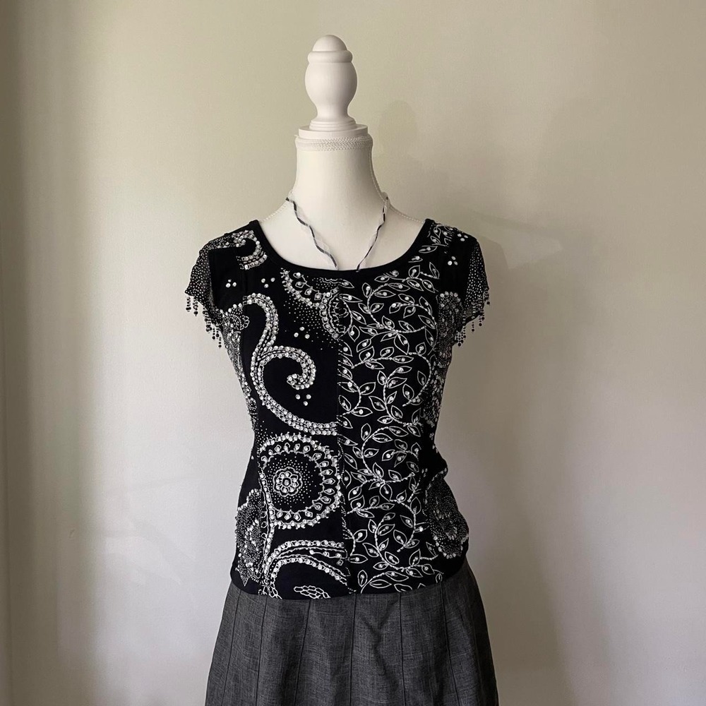 Y2K Beaded Graphic Tee Floral Womens Sz PM Black Glam Whimsigoth
